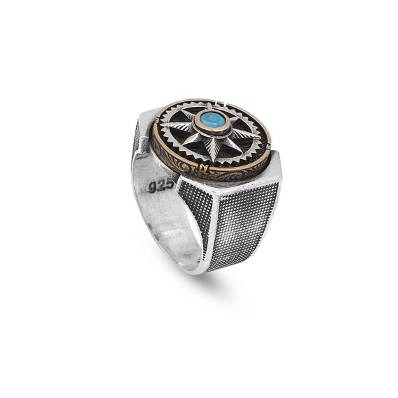 Turquoise Ring Men, Wheel Men Ring, Silver Ring, Compass Mens Ring - 1