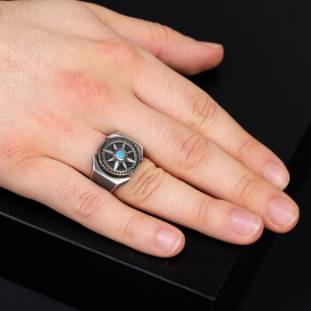 Turquoise Ring Men, Wheel Men Ring, Silver Ring, Compass Mens Ring - 6