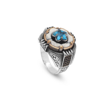 Turquoise Stone Men Silver Ring, Silver Wheel Ring, Aquamarine - 1