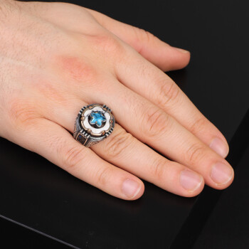 Turquoise Stone Men Silver Ring, Silver Wheel Ring, Aquamarine - 6