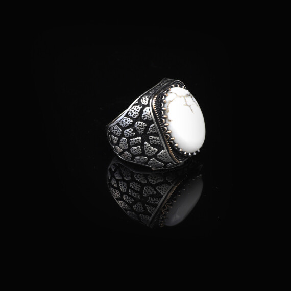 Turquoise Stone Men Silver Ring, White Turquoise Jewelry - 4