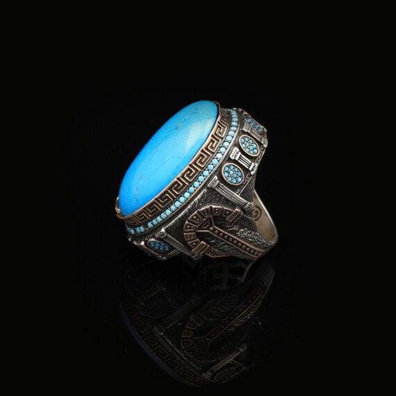  Turquoise Stone with Micro Stone – Large Oval Vintage Men’s Ring - 4