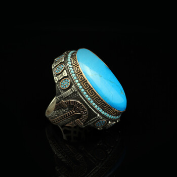  Turquoise Stone with Micro Stone – Large Oval Vintage Men’s Ring - 5