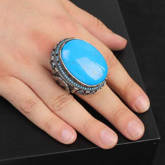  Turquoise Stone with Micro Stone – Large Oval Vintage Men’s Ring - 6