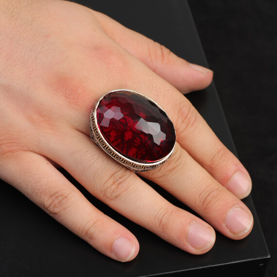  Vintage 925 Sterling Silver Garnet Ring for Men, Large Oval Stone - 6