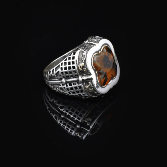  Vintage Amber Ring with Sword Design, Gemstone Mens Ring - 3