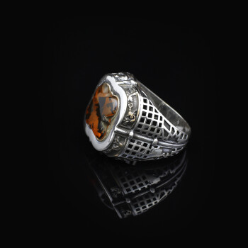  Vintage Amber Ring with Sword Design, Gemstone Mens Ring - 4