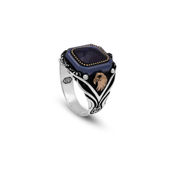  Vintage Blue Tiger Eye Ring with Eagle Design - Handmade 925 Sterling Silver - 1