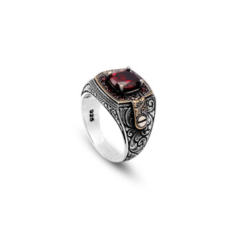  Vintage Garnet Ring for Men - Handmade Turkish 925 Sterling Silver Engagement - 1