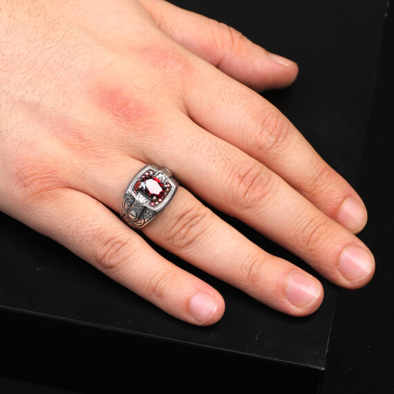  Vintage Garnet Ring for Men - Handmade Turkish 925 Sterling Silver Engagement - 6