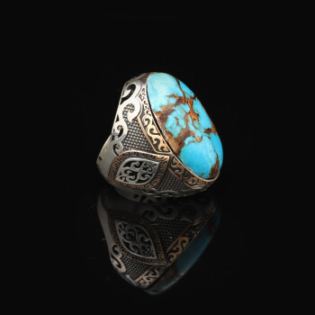  Vintage Genuine Turquoise Men's Ring - Large Oval Stone in 925 Sterling Silver - 3