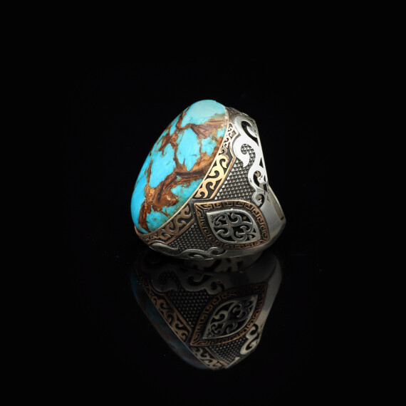  Vintage Genuine Turquoise Men's Ring - Large Oval Stone in 925 Sterling Silver - 4