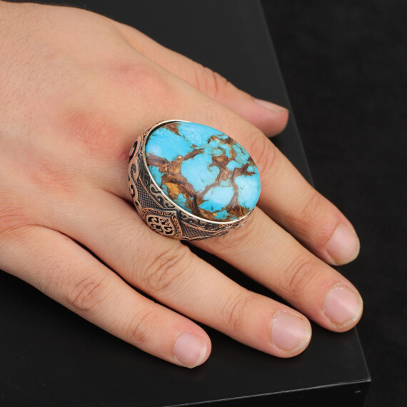  Vintage Genuine Turquoise Men's Ring - Large Oval Stone in 925 Sterling Silver - 6