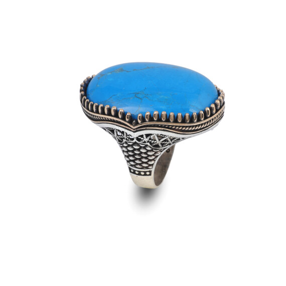  Vintage Genuine Turquoise Men's Ring - Large Oval Stone in Polished 925 Sterling Silver - 1