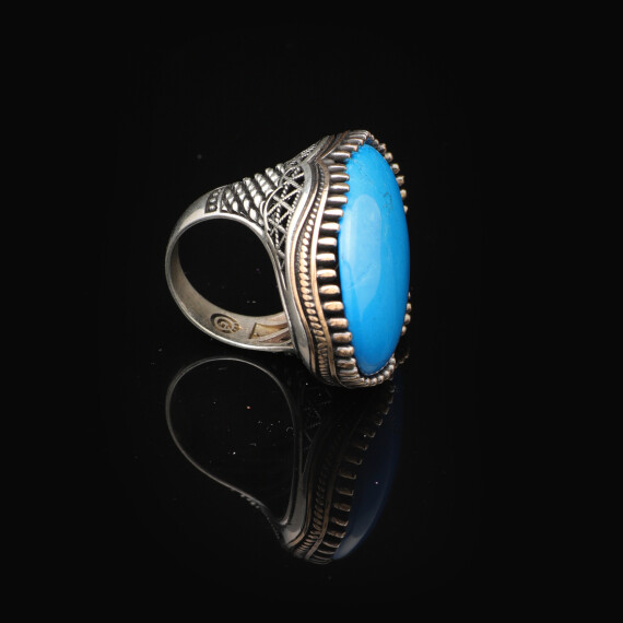  Vintage Genuine Turquoise Men's Ring - Large Oval Stone in Polished 925 Sterling Silver - 4