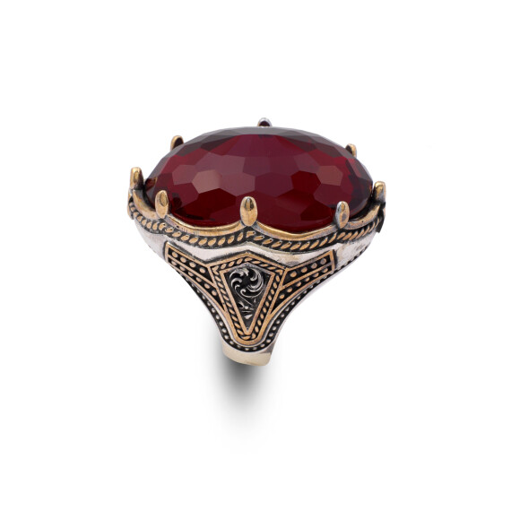  Vintage Handmade Garnet Ring with Oval Stone - Large Gemstone Ottoman Style Ring - 1