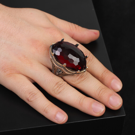  Vintage Handmade Garnet Ring with Oval Stone - Large Gemstone Ottoman Style Ring - 6