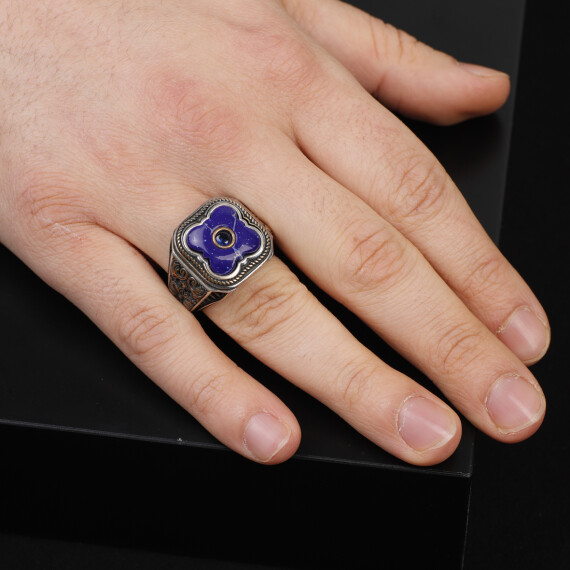  Vintage Handmade Lapis Lazuli Ring with Black Onyx and Micro Stone - 6