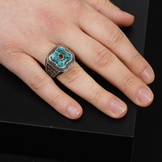  Vintage Handmade Malachite Ring with Ruby Stone - 6