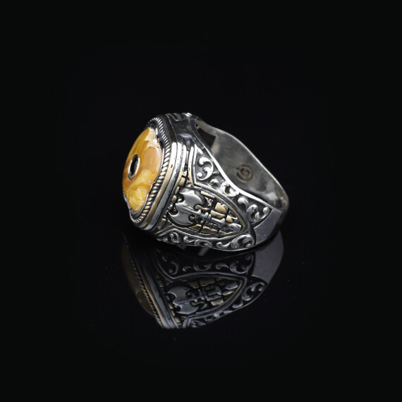  Vintage Handmade Squeeze Amber Ring with Micro Onyx Stone - 3