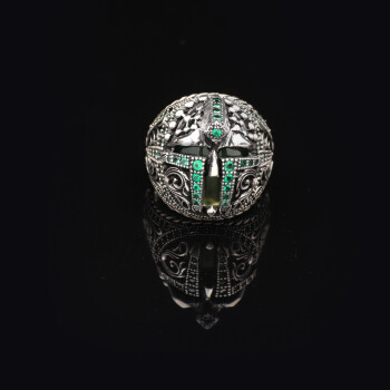  Vintage Helmet Ring for Men with Micro Jade Stone, 925 Sterling Silver - 3