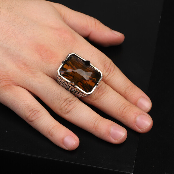  Vintage Large Citrine Ring for Men - 925 Sterling Silver - 6