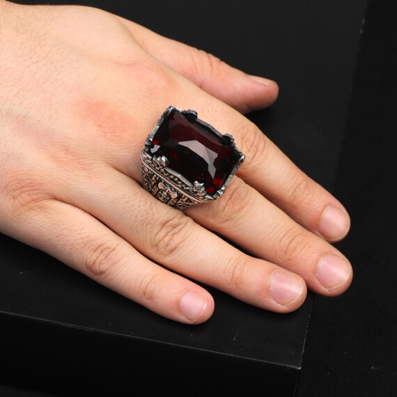  Vintage Large Garnet Ax Ring for Men - 6