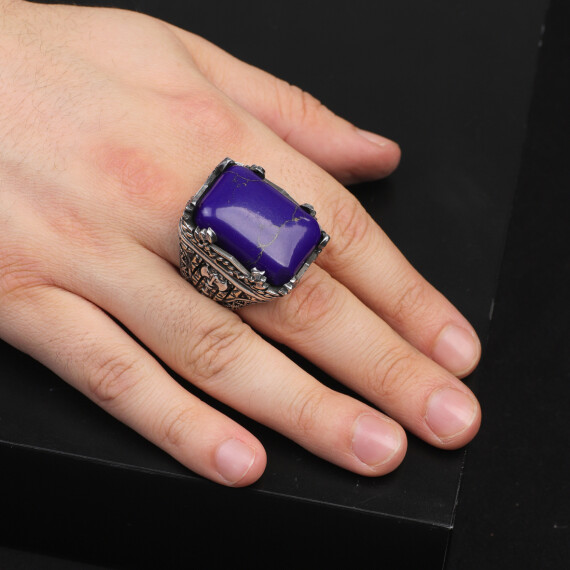  Vintage Large Lapis Lazuli Ax Ring for Men - 6