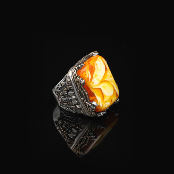  Vintage Large Squeezing Amber Axe Ring for Men - 3