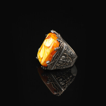  Vintage Large Squeezing Amber Axe Ring for Men - 5