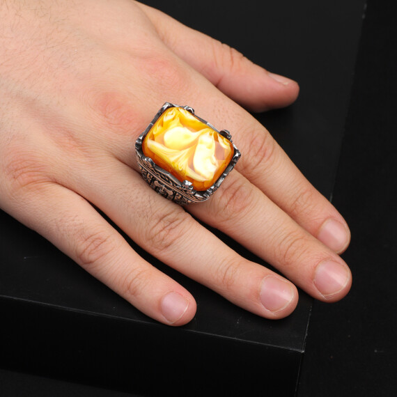  Vintage Large Squeezing Amber Axe Ring for Men - 6