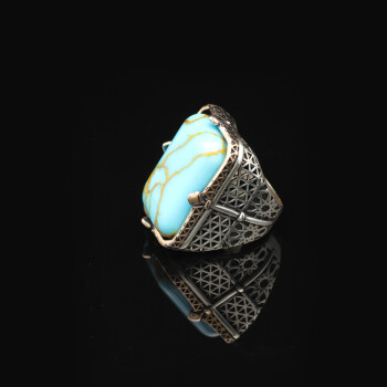  Vintage Large Turquoise Ring for Men - 925 Sterling Silver - 5