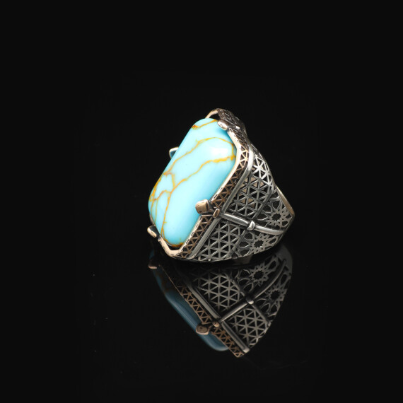  Vintage Large Turquoise Ring for Men - 925 Sterling Silver - 5