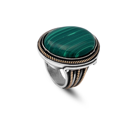  Vintage Malachite Oval Stone Ring for Men - Large 925 Sterling Silver - 1