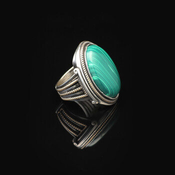  Vintage Malachite Oval Stone Ring for Men - Large 925 Sterling Silver - 4