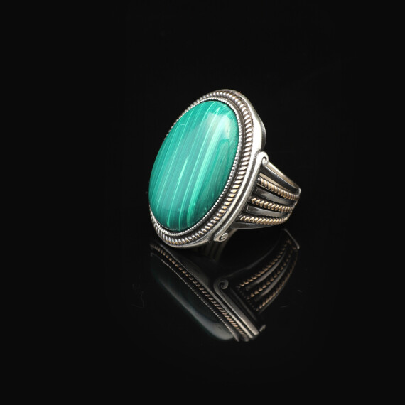  Vintage Malachite Oval Stone Ring for Men - Large 925 Sterling Silver - 5