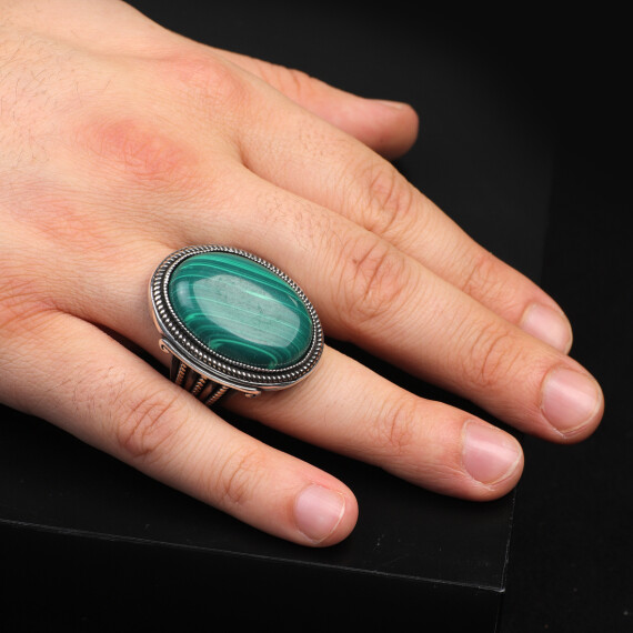  Vintage Malachite Oval Stone Ring for Men - Large 925 Sterling Silver - 6