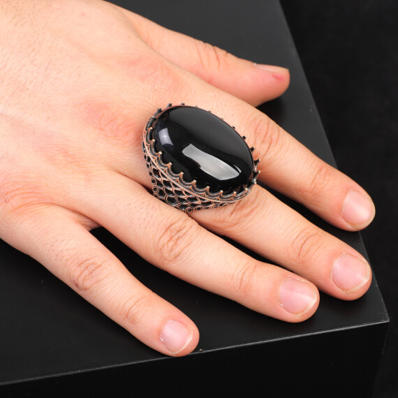  Vintage Men's Black Onyx Ring - Oval Large Gemstone Ring, Handmade - 6