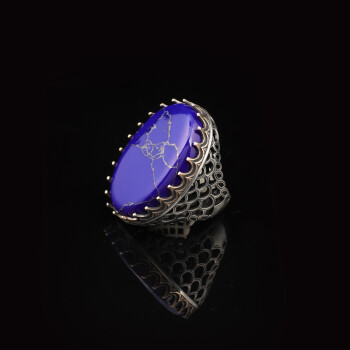  Vintage Men's Lapis Lazuli Oval Gemstone Ring - Handmade Ottoman Style - 5