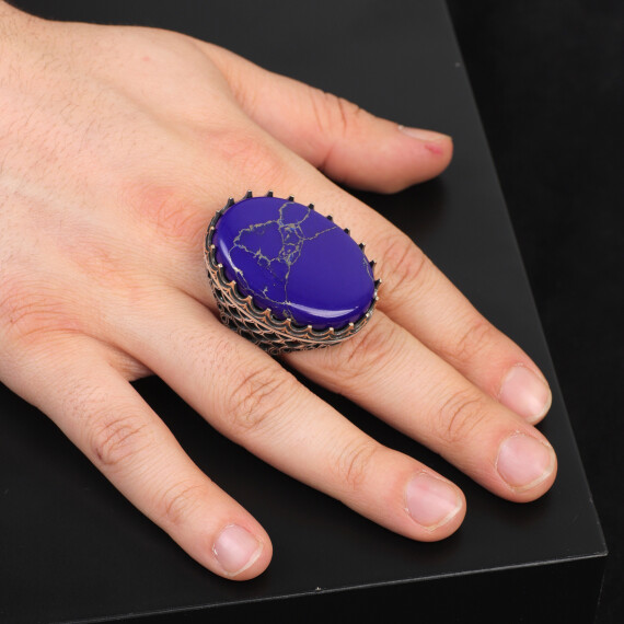  Vintage Men's Lapis Lazuli Oval Gemstone Ring - Handmade Ottoman Style - 6