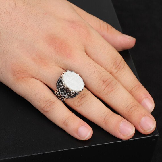  Vintage Mother of Pearl Ring for Men – Oval Gemstone, Handmade 925 Sterling Silver - 6