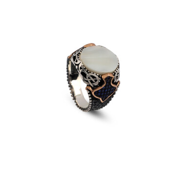  Vintage Mother of Pearl Signet Ring with Micro Sapphire Stone - 1