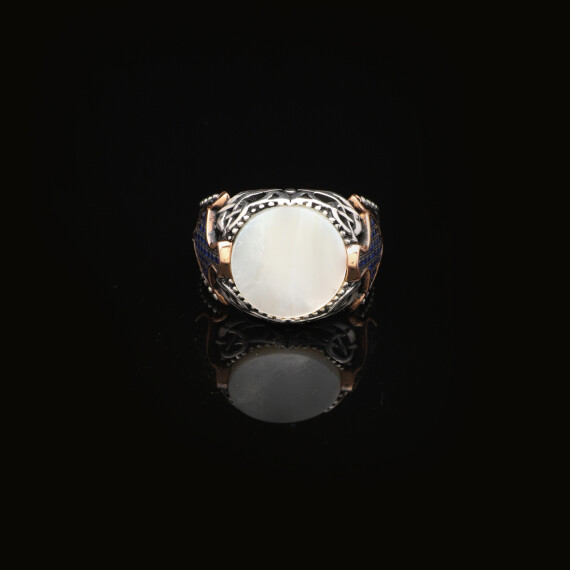  Vintage Mother of Pearl Signet Ring with Micro Sapphire Stone - 5