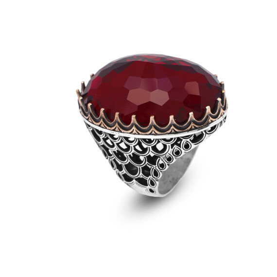 Vintage Ottoman Garnet Ring - Handmade Large Gemstone Ring for Men - 1