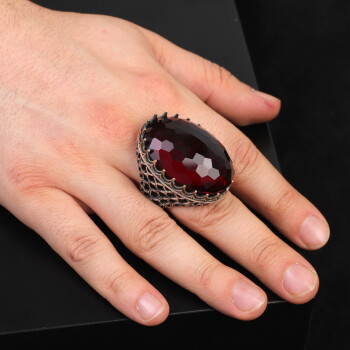 Vintage Ottoman Garnet Ring - Handmade Large Gemstone Ring for Men - 6