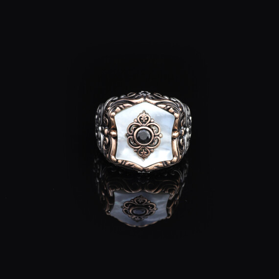 Vintage Ottoman Style Mother of Pearl and Onyx Silver Ring - 5