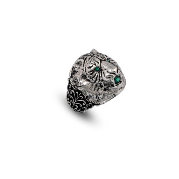  Vintage Tiger Ring with Micro Jade Gemstone - 925 Sterling Silver Men's Ring - 1