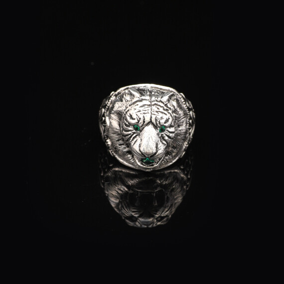  Vintage Tiger Ring with Micro Jade Gemstone - 925 Sterling Silver Men's Ring - 5