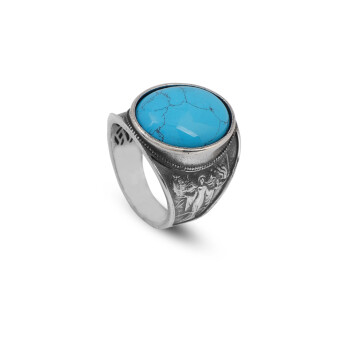  Virgin Mary Signet Ring with Genuine Turquoise - Vintage Oval Gemstone - 1