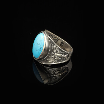  Virgin Mary Signet Ring with Genuine Turquoise - Vintage Oval Gemstone - 3